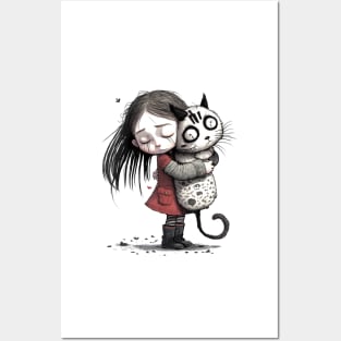 Little Girl hugging her Cat Posters and Art